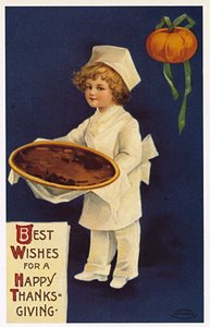 Erntedankfest: Grußkarte mit einem als Koch verkleideten Kind, das das traditionelle Gericht präsentiert von Ellen Hattie Clapsaddle