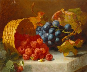Stillleben mit Himbeeren und einem Traubenbündel auf einem Marmorsims, 1882 von Eloise Harriet Stannard