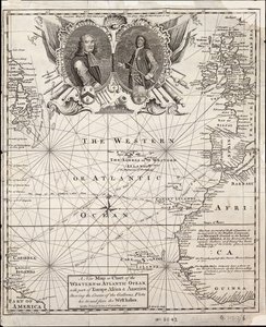Eine neue Karte oder ein Diagramm des westlichen oder Atlantischen Ozeans mit Teilen von Europa, Afrika und Amerika: zeigt den Kurs der Galeonen zu und von den Westindischen Inseln