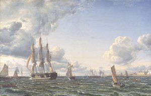 Das Linienschiff "Valdemar" kreuzt den Sund bei frischem Bramsegelschlag