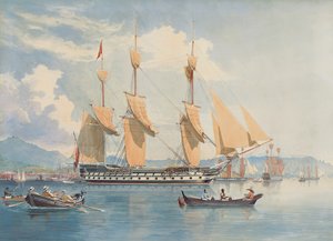 HMS Ganges vor Anker liegend und ihre Segel vor Rio de Janeiro trocknend