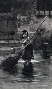 Szene aus Les Miserables von Victor Hugo: Cosette beim Fegen (Gravur)