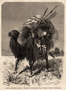 Ein mongolischer Auswandererkamel, beladen mit Vorräten, verschiedenen Utensilien, Teppichen, Decken und Holz des Zeltgestells sowie kleinen Kindern in hängenden Körben. Zeichnung von Emile Bayard (1837-1891), zur Illustration der Reise von Shanghai nach M