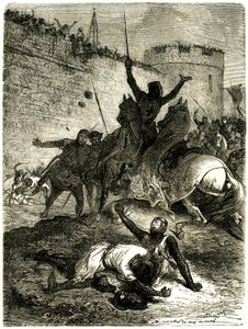 Kreuzzug gegen die Albigenser - Belagerung von Toulouse, 25. Juni 1218. Simons Bruder de Montfort wurde gerade von einem Pfeil verletzt, Simon de Montfort selbst wird von einer Katapultkugel getötet, es heißt, von einer der Frauen von Toulouse, die von Emile Antoine Bayard