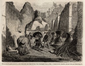 Entdeckt durch einen Bäckereiofen und erhaltenes Brot in Asche während der Ausgrabungen von 1864 in Pompeji, Zeichnung von Emile Bayard (1837-1891), zur Illustration von Marc Monniers Text (1829-1885) „Pompeji und die Pompejaner“. Gravur in „Le tour du mon von Emile Antoine Bayard