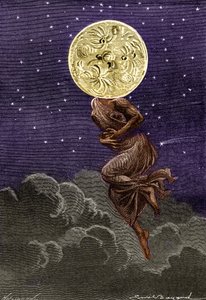 Gravur von Emile Bayard aus Jules Vernes Buch „Rund um den Mond“ (Hetzel-Ausgabe/Voyages extraordinaire 1870): der Mond personifiziert mit dem Körper einer jungen Frau... leidend an einer Kolik! von Emile Antoine Bayard