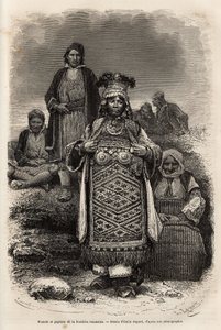 Verlobte und Bauern an der rumänischen Grenze, Gravur nach der Zeichnung von Emile Bayard, zur Illustration der Reise nach Bulgarien, von Guillaume Lejean, 1867, veröffentlicht in „Le tour du monde“ 1873, herausgegeben von Edouard Charton, Hachette Edition