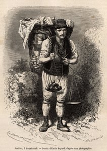 Obsthändler, ein wandernder Händler von frischem Obst, mit seiner Transporthaube und tragbaren Waage auf dem Rücken, in Roustchouk (Rumänien), Gravur nach einer Zeichnung von Emile Bayard, Illustration der Reise nach Bulgarien von Guillaume Lejean, 1867