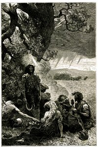 Gruppe von Erntearbeitern, die während eines Sturms von einem Blitz getroffen wurden, während sie unter einem Baum Schutz suchten