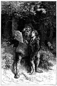 Illustration von Emile Bayard für den Roman von Hector Malot „Sans Famille“: Remi singt mit Monsieur Vitalis, reisender Künstler - Straßenmusiker, Gaukler - Edition Hetzel 1880