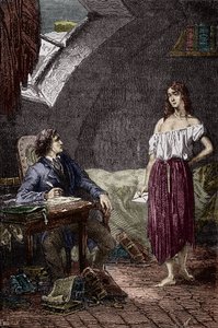 Marius und Eponine, ältere Tochter der Thenardiers und verliebt in Marius. Illustration des Romans „Les Miserables“ von Victor Hugo (1802-1885). Illustration von Emile Bayard. Gravur. Private Sammlung