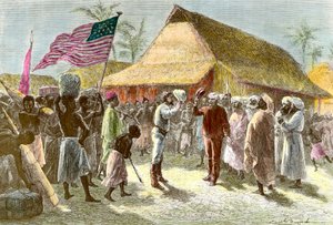 Treffen in Ujiji am Ufer des Tanganjikasees zwischen Henry Morton, einem Entdecker und Journalisten aus Wales (1841-1904) und David Livingstone, einem schottischen Missionar und Entdecker des afrikanischen Kontinents (1813-1873), am 10. November von Emile Antoine Bayard