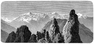 Berggipfel namens Pierre a Voir in der Nähe der Bäder von Saxon in den Walliser Alpen. Illustration von Emile Bayard für Albert Dupaignes Buch „Les Montagnes“, Ausgabe Mame 1881. von Emile Antoine Bayard