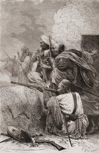Nordafghanische Rebellen kämpfen 1878 in den Bergen von Hazara, Pakistan, gegen die Briten von Emile Antoine Bayard