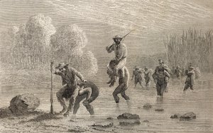 Paul Marcoy und seine Expedition werden 1874 von Chuncho-Indianern durch einen Sumpf in Argentinien getragen, Illustration aus 