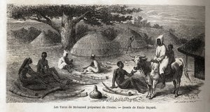 Vorbereitung von Elfenbein, für einen türkischen Händler, Uganda, Zeichnung von Emile Bayard (1837-1891), zur Illustration von Captain Spekes Entdeckungsreise in Afrika von 1860 bis 1863. Gravur in Le Tour du Monde, herausgegeben von Edouard Charton