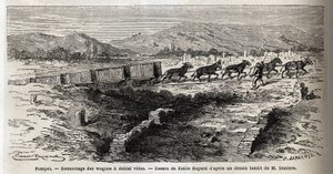 Wiederaufbau leerer Wagen während der Ausgrabungen von 1864 in Pompeji, Zeichnung von Emile Bayard (1837-1891), zur Illustration des Textes von Marc Monnier (1829-1885) „Pompeji und die Pompejaner“. Gravur in „Le Tour du Monde“, herausgegeben von Edouard C