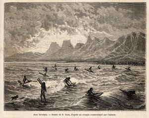 Surfen, das Lieblingsspiel der Hawaiianer, hier von Frauen, im Gleichgewicht, stehend oder sitzend, auf dem Brett, auf dem Kamm der Wellen, die sie zurück zum Strand bringen, Gravur nach einer Zeichnung von Emile Bayard, illustriert die Reise zu den Sandwi