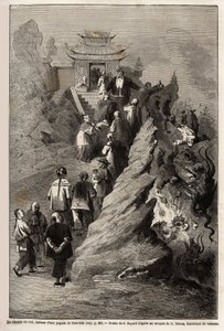 Der Weg des Himmels, Zeichnung von E. Bayard, basierend auf einem Gemälde aus einer Pagode in Tien Tsin, zur Illustration der Reise von Shanghai nach Moskau, von 1859 bis 1862, von M. de Bourboulon, Minister von Frankreich in China. Gravur in „Le tour du m