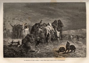 Das Erstaunen der Eskimos beim Entdecken der Spieluhren in der Nähe von Friedrichsthal (Grönland), graviert nach der Zeichnung von Emile Bayard, zur Illustration der Reise der Schiffe La Germania und La Hansa zum Nordpol in den Jahren 1869-1870, von Kapitä von Emile Antoine Bayard