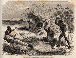Die Schmiede im Ounyamouezi (Region der Großen Seen, Afrika), Zeichnung von Emile Bayard (1837-1891), Illustration der Entdeckungsreise in Afrika von 1860 bis 1863 von Captain Speke. Gravur in „Le tour du monde“, herausgegeben von Edouard Charton