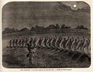 Die Zeremonie der Trommeln zum Aufgang des neuen Mondes, an der Spitze des Stammes Rumanika, in Karague (westlich des Viktoriasees, im heutigen Simbabwe), Zeichnung von Emile Bayard, Illustration der Entdeckungsreise von Captain Speke in Afrika 186