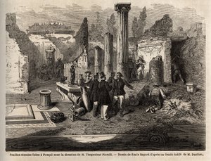 Die Ausgrabungen von 1864 in Pompeji, unter der Leitung von Inspektor Fiorelli, Zeichnung von Emile Bayard (1837-1891), zur Illustration des Textes von Marc Monnier (1829-1885) „Pompeji und die Pompejaner“. Gravur in „Le tour du monde“, herausgegeben von E