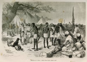 Die unverschämten Träger der Expedition an die Kette gelegt, Zeichnung von Emile Bayard, zur Illustration der Geschichte: Durch Afrika, von Sansibar (Tansania) nach Benguela (Angola), von 1872 bis 1876, von Leutnant V.H. Cameron. Gravur in Le tour du mon von Emile Antoine Bayard