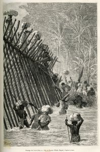 Der Durchgang des Lovoi-Flusses (oder Teufelsfluss) (Region Katanga, Kongo) durch die Expedition, Zeichnung von Emile Bayard, zur Illustration der Reise durch Afrika, von Sansibar (Tansania) nach Benguela (Angola), von 1873 bis 1876, von britischem Komman