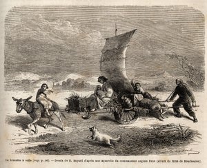 Das Segelschubkarren, Fortbewegungssystem in Nordchina, Zeichnung von E. Bayard, Illustration der Reise von Shanghai nach Moskau von Emile Antoine Bayard