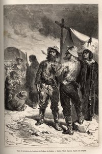 Typen von Pionieren, Viehtreibern und Indianern von Benton (Montana), Gravur nach der Zeichnung von Emile Bayard, zur Illustration der Reise von Washington nach San Francisco, 1868, von L. Simonin, veröffentlicht in „Le tour du monde“ 1874, herausgegeben v