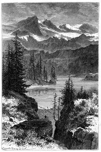 Blick auf die Alpen: Wald, See, Gipfel. Illustration von Emile Bayard für das Buch Les Montagnes von Albert Dupaigne, Ausgabe Mame 1881. von Emile Antoine Bayard