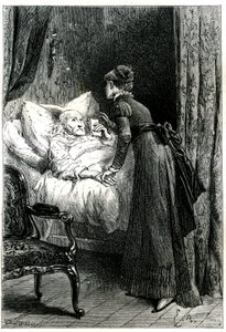 Junge Frau, die sich um einen alten Mann kümmert, der in seinem Bett unter einem an der Wand hängenden Kruzifix stirbt. Der Sterbende hält seine letzten Empfehlungen (Testament) in der Hand. Gravur von Emile Bayard, illustriert Jules Sandeaus Buch „Mademoi