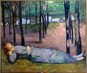 Madeleine (1871-1895) im Wald der Liebe. Porträt einer schrecklichen Frau, die in einem Wald liegt. Gemälde von Emile Bernard (1868-1941) von Emile Bernard