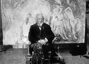 Paul Cézanne (1839-1906) französischer Maler im Jahr 1904 vor einer seiner Leinwände mit Schwimmern (s/w Foto)