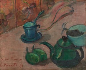 Stillleben mit Teekanne, Tasse und Obst
