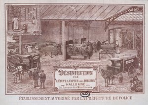 Plakat, das Maschinen zur Desinfektion durch Dampf bewirbt, produziert von Hallu Aine, Ende des 19. Jahrhunderts