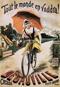 Vintage-Plakat einer Frau, die Fahrrad fährt und einen roten Regenschirm hält von Emile Clouet