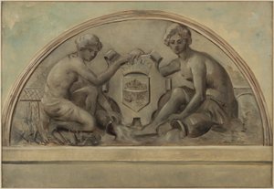 Skizze für den Giebel der Schule von Alfortville: Die Seine und die Marne umrahmen das Wappen von Alfortville, 1898