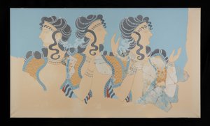 Gemälde des restaurierten Freskos der Blauen Damen aus dem Palast von Knossos (Evans Freskozeichnung O/7)