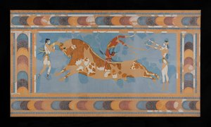 Gemälde des restaurierten Taureador-Freskos aus dem Palast von Knossos
