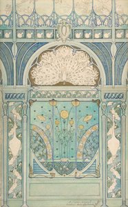 Entwurf für eine Wanddekoration mit Pfau, Kranichen und Sonnenblumen für das Restaurant..., 1896-98