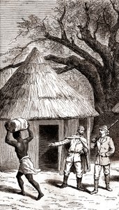 Entdecker und Träger vor einer afrikanischen Hütte, 1887 von Emile Mas