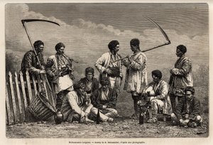 Die bulgarischen Erntearbeiter, während ihrer Pause, mit ihrer Sense und den Gegenständen ihrer täglichen Arbeit: Pfeife, Weinflasche und eine Art Dudelsack, Gravur nach der Zeichnung von E. Metzmacher, zur Illustration der Reise nach Bulgarien, von Guilla von Emile Pierre Metzmacher