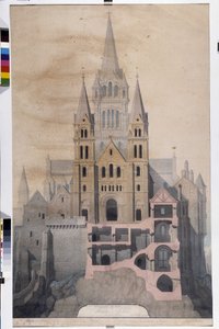 Gotische Architektur: Fassade der Kirche und Schnitt der Abteihäuser. Zeichnung des Stadtmuseums von Avranches (Manche) von Emile Sagot
