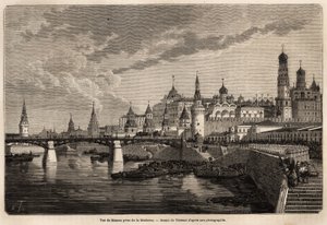 Gesamtansicht von Moskau, aufgenommen von der Moskowa, Zeichnung von Therond zur Illustration der Reise von Shanghai nach Moskau von 1859 bis 1862 von M. de Bourboulon, Minister von Frankreich in China. Gravur in „Le tour du monde“, herausgegeben von Edoua