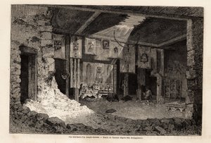 Innere Ansicht eines tibetischen Tempels, Zeichnung von Therond zur Illustration des Rückblicks auf das geographische Jahr 1862 von Vivien de Saint Martin. Gravur in „Le tour du monde“, herausgegeben von Edouard Charton von Emile Theodore Therond