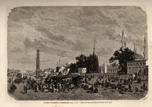 Der Platz von Ett Meydan in Konstantinopel (heutiges Istanbul, Türkei). Zeichnung von Therond zur Illustration der Studie über türkische Frauen 1862 von F. Jerusalemy. Gravur in „Le tour du monde“, herausgegeben von Edouard Charton von Emile Theodore Therond