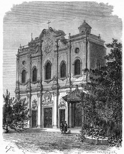 Ansicht der Fassade der Kathedrale von Nantang, erbaut auf dem Gelände des Hauses von Matteo Ricci (1552-1610), Vater des Katholizismus in China. Gravur nach einer Zeichnung von Therond, in „Le Tour du Monde, Nouveau journal des Voyages“, herausgegeben von von Emile Theodore Therond