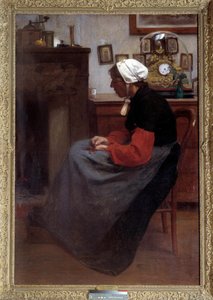 Einfaches Herz. Ein alter Bauer schläft auf einem Stuhl in einem rustikalen Innenraum. Gemälde von Emile Troncy (1859-1943). Paris, Palais du Luxembourg DR von Emile Troncy